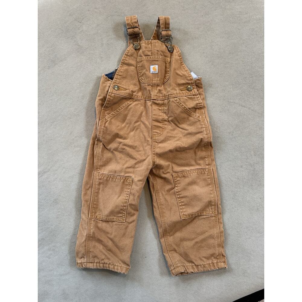 Carhartt Kids Overalls Bib Size 2T Brown Tan Plaid Flannel Lined Double Knee